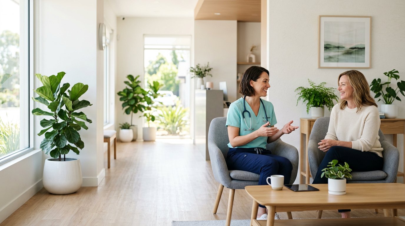 A Thrive Health Join clinician talking with a patient in a bright consultation lounge